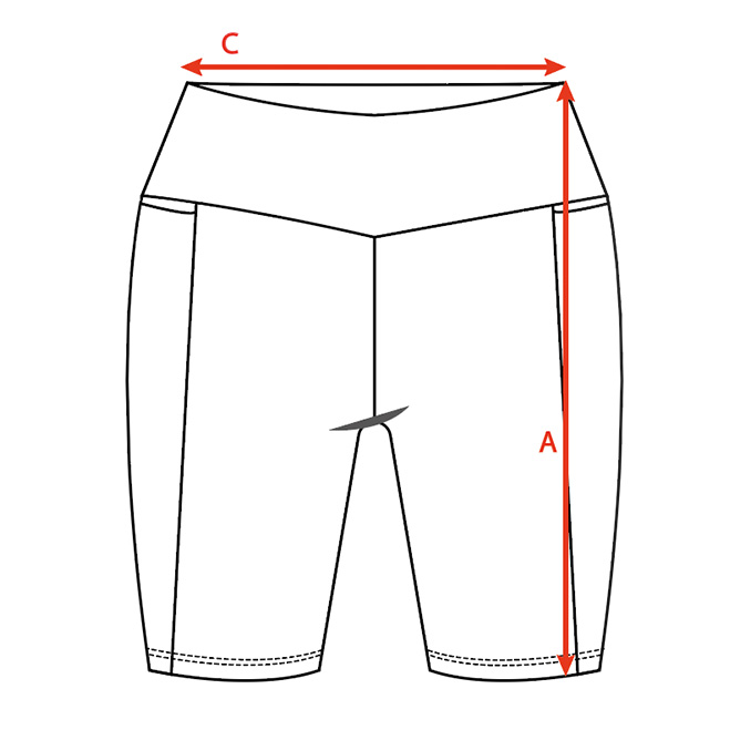 Legging — Esquema de medidas (Largo total A y Ancho cintura C)