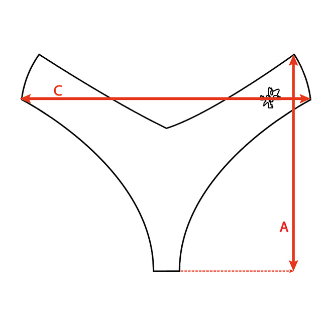 Tanga — Esquema de medidas (Largo total A y Ancho cintura C)